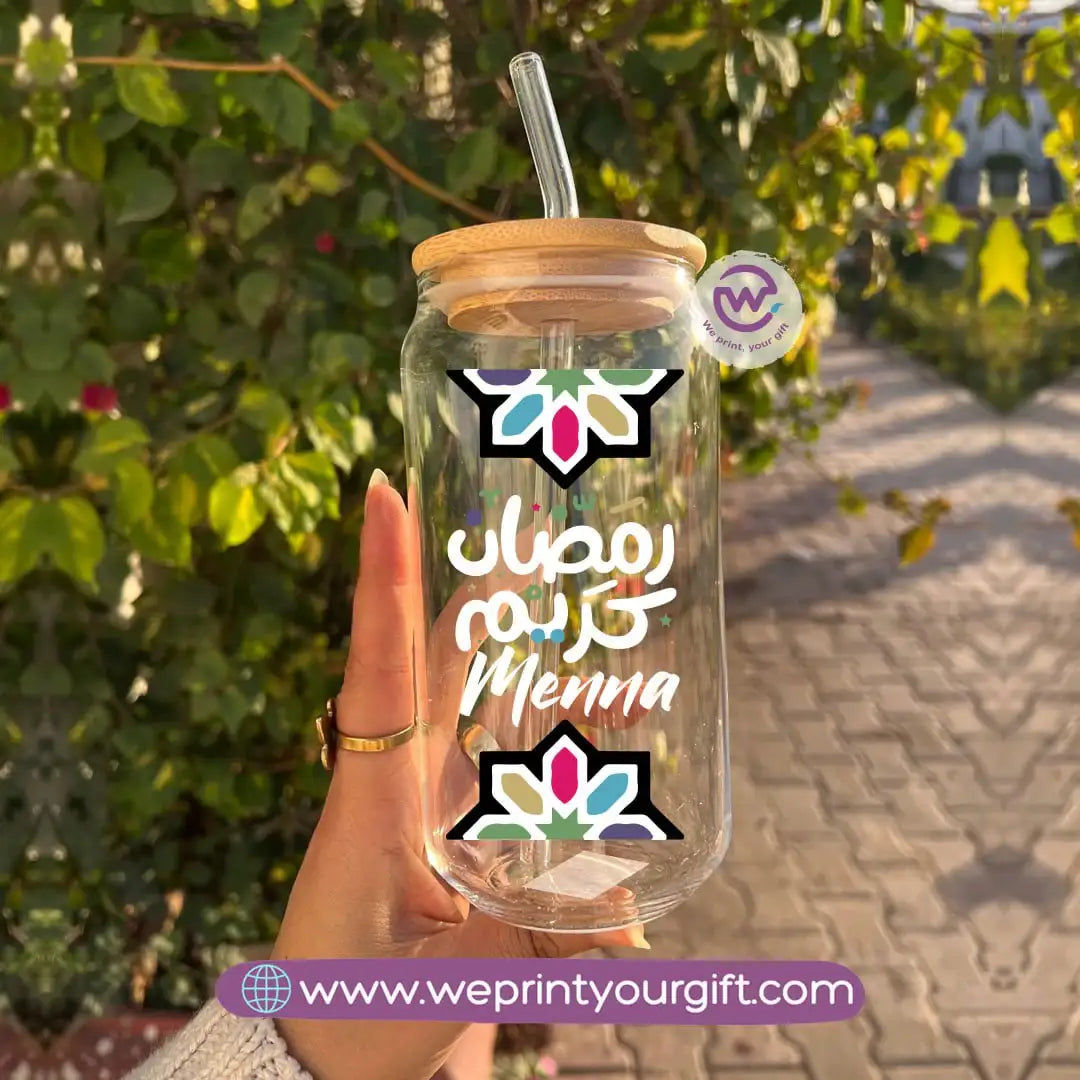 Round Glass Mug with Bamboo Lid & Glass Straw | Ramadan Design - WE PRINT