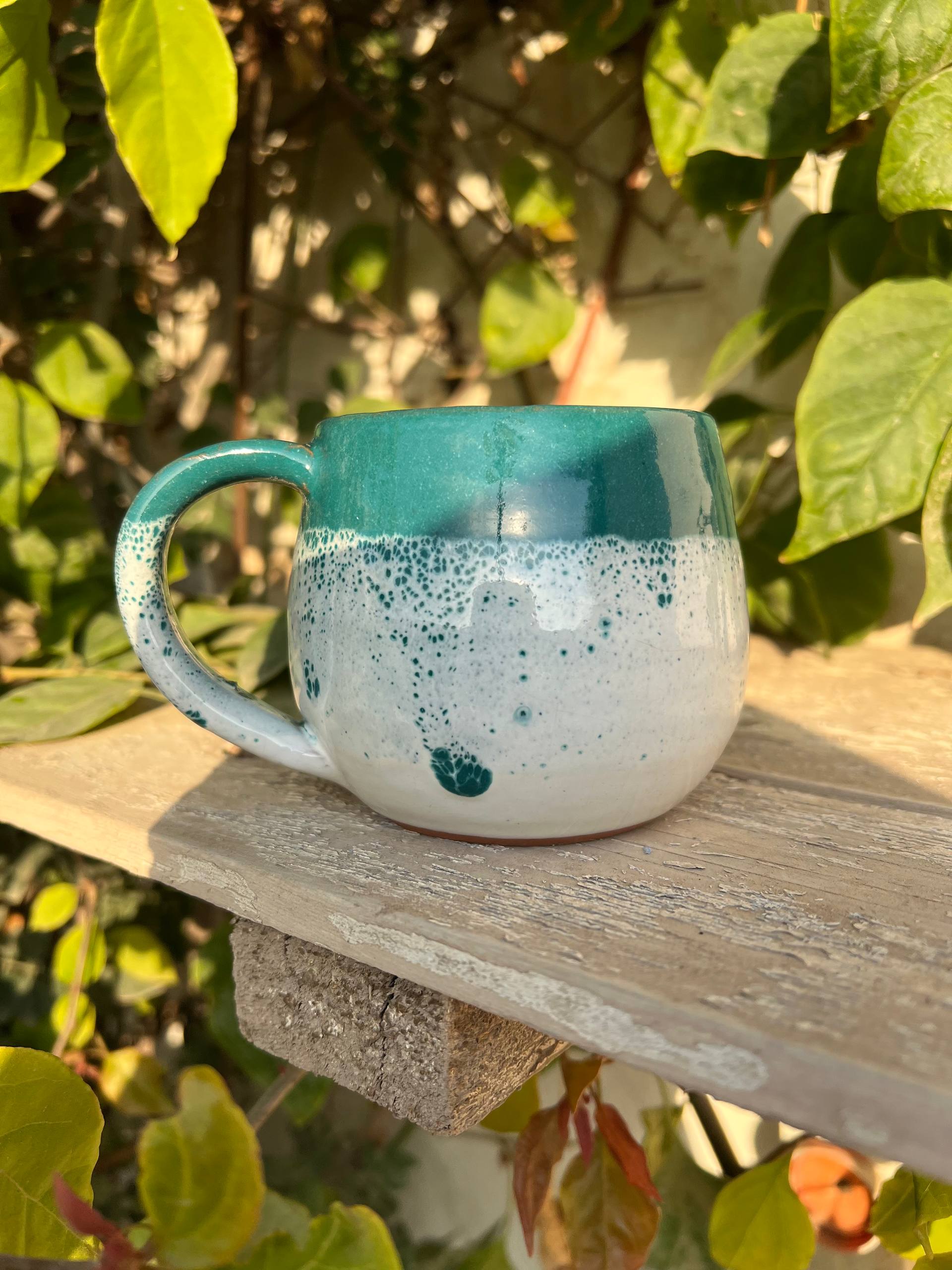 Green & White Handmade Pottery Mug - Customization Options