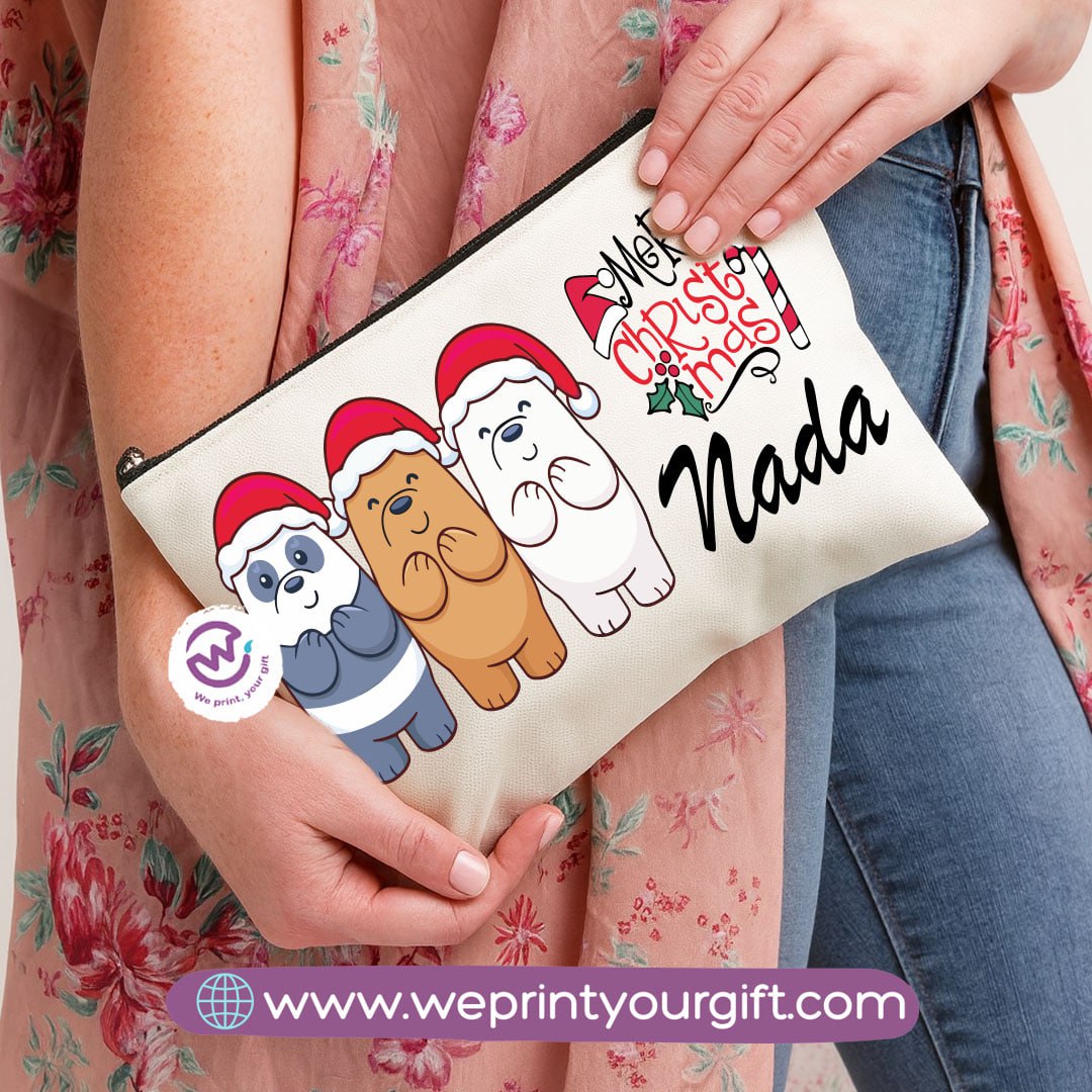Cute Christmas Bears Makeup Bag & Pencil Case – Festive Cotton Pouch