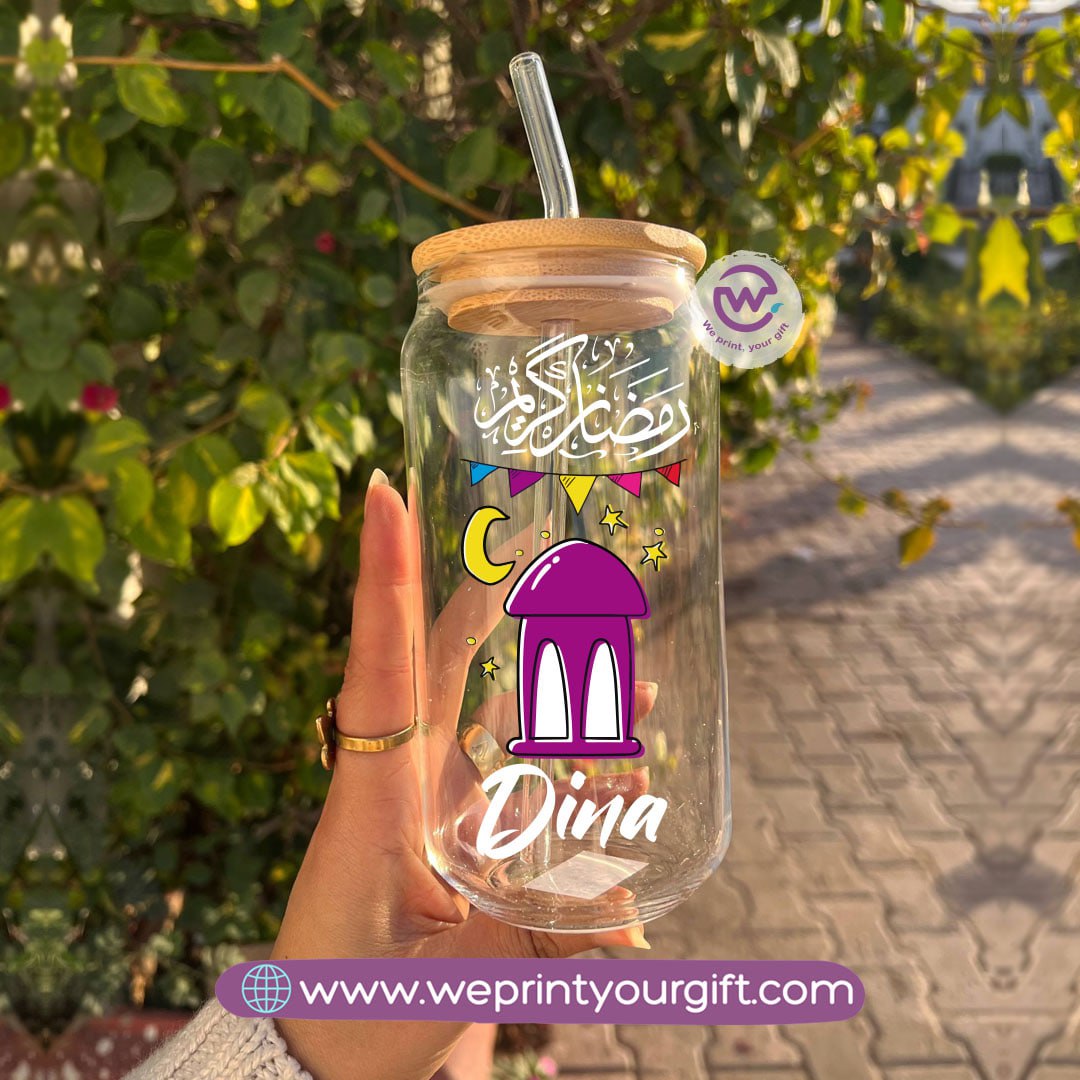 Round Glass Mug with Bamboo Lid & Glass Straw | Ramadan Design