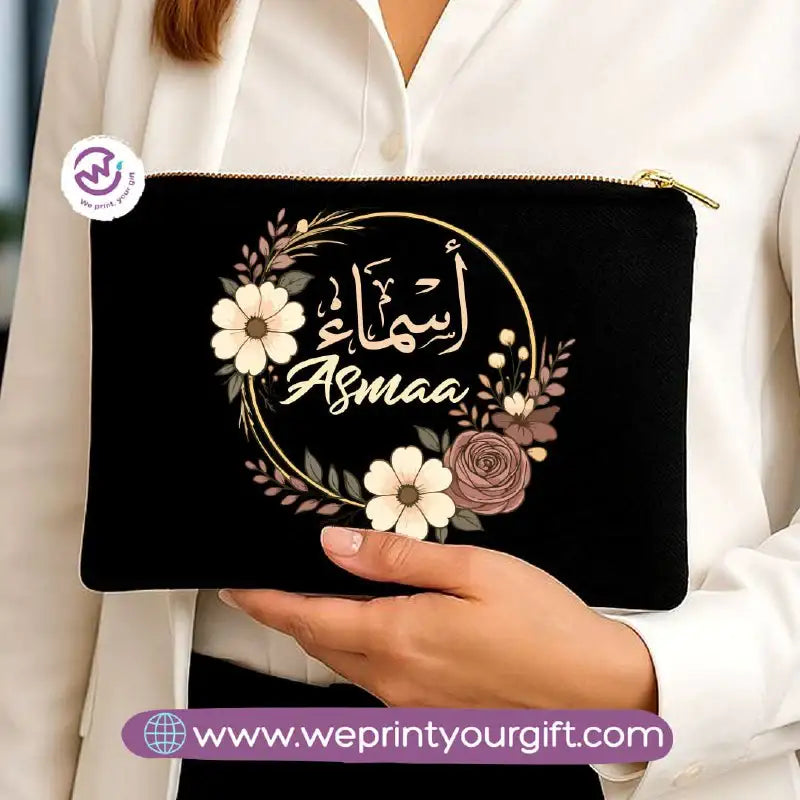 Personalized Floral Name Makeup Bag & Pencil Case – Elegant Cotton Pouch - WE PRINT