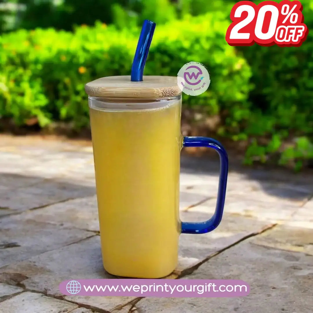 Glass Mug with Glass Straw & Wooden Lid - Ramadan Offer - 20 % Discount - WE PRINT