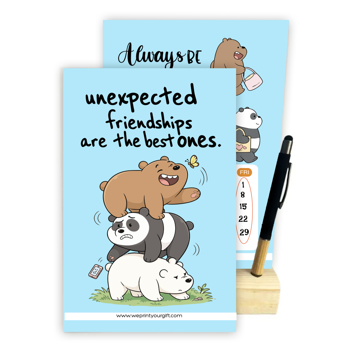 2027 Cute Bears Desk Calendar with Wooden Stand & Bamboo Grip Pen – 12 Unique Monthly Designs