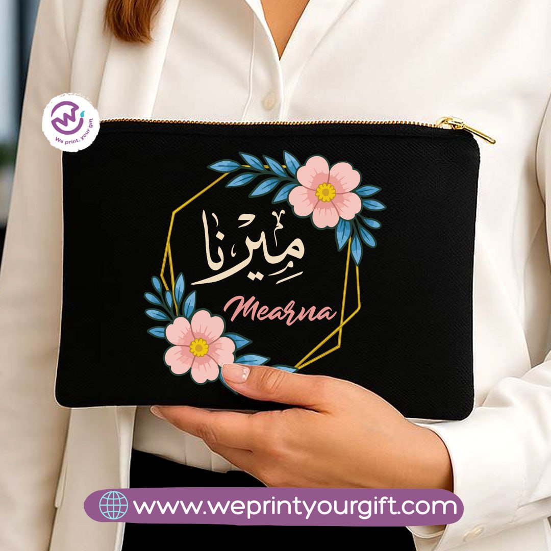 Personalized Floral Name Makeup Bag & Pencil Case – Elegant Cotton Pouch - WE PRINT