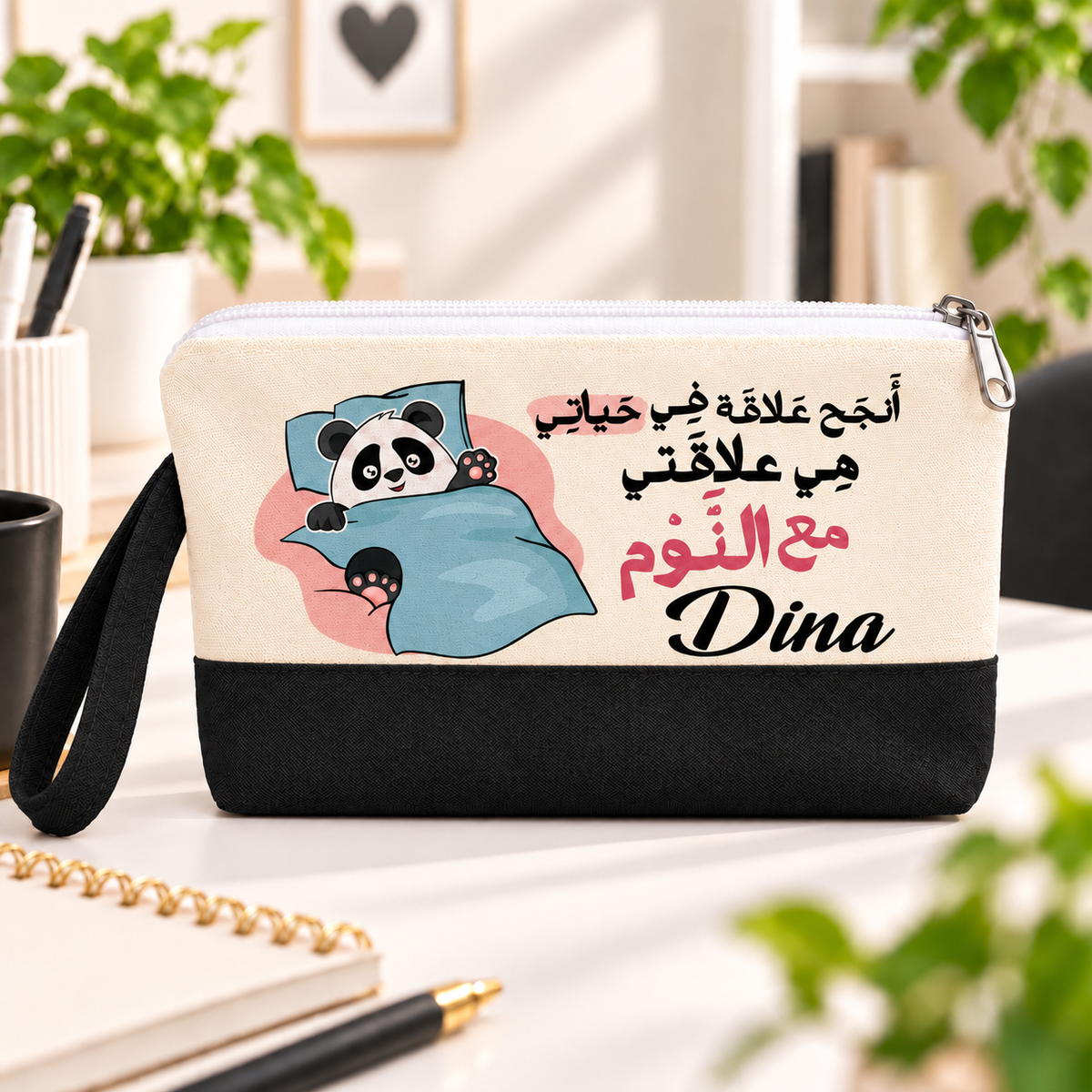 Cute Panda Two-Tone Canvas Pencil Case & Makeup Pouch | With Side Handle