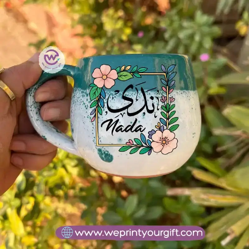 Green & White Handmade Pottery Mug - Customization Options - WE PRINT