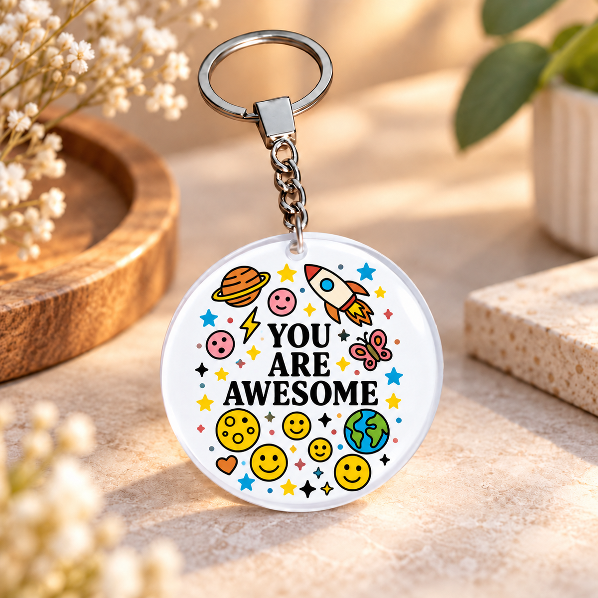 Motivational Icons Clear Acrylic Keychain | Single-Sided Print (Round / Rectangle)
