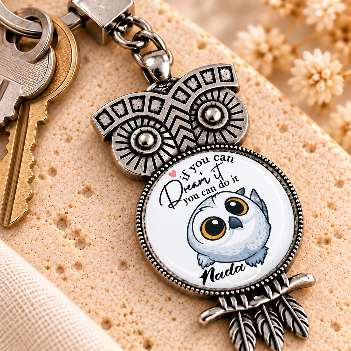 Vintage Glass Dome Metal Keychain | Ornate Owl Shape
