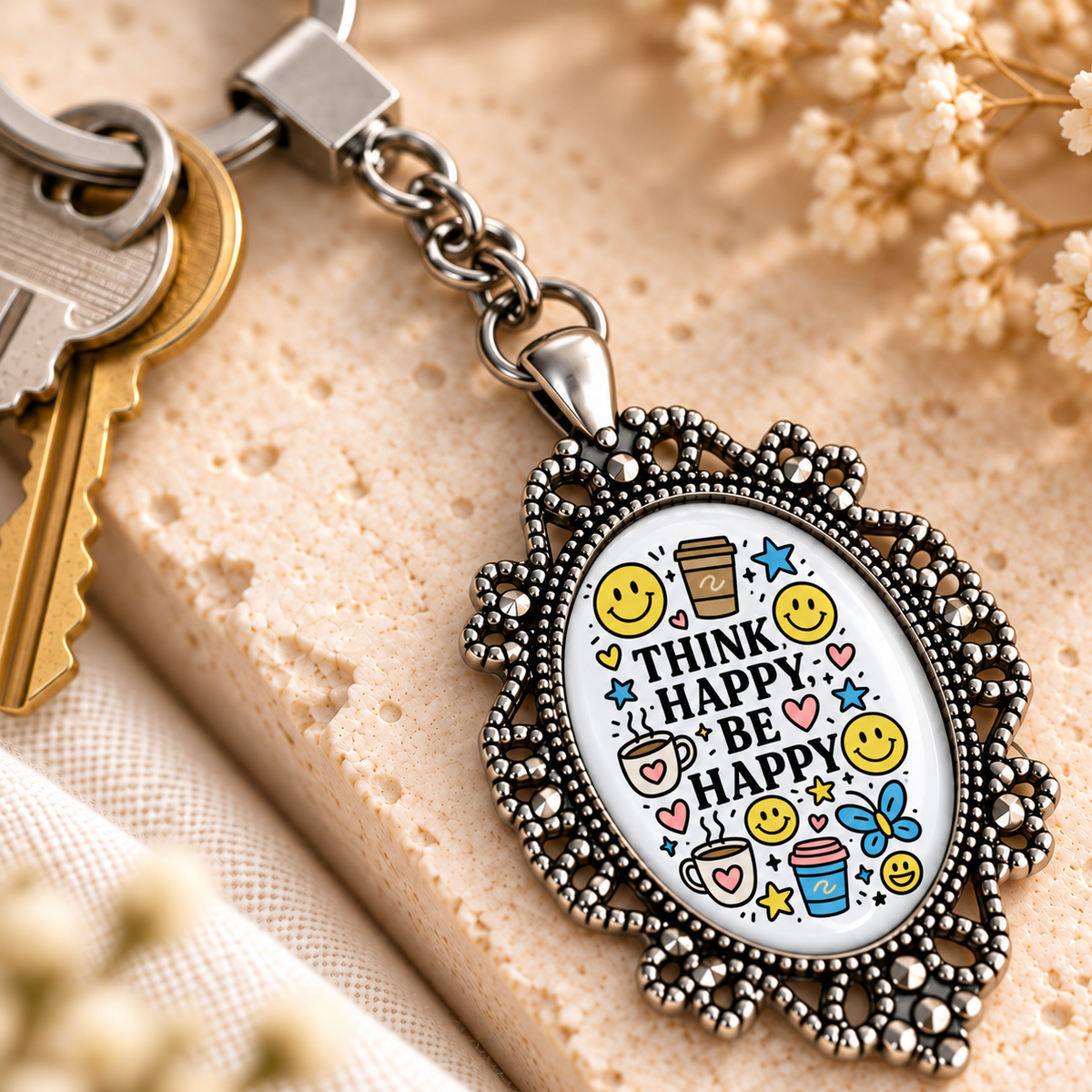 Motivational Doodle Glass Dome Keychain | Ornate Oval Metal Frame