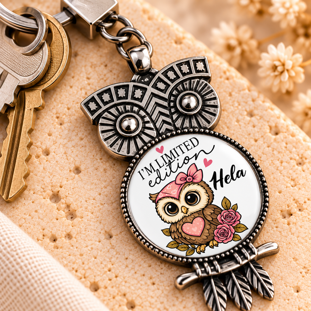 Retro Owl Glass Dome Keychain | Decorative Metal Frame