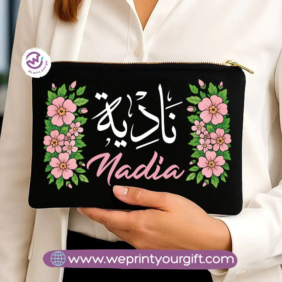 Personalized Floral Name Makeup Bag & Pencil Case – Elegant Cotton Pouch - WE PRINT