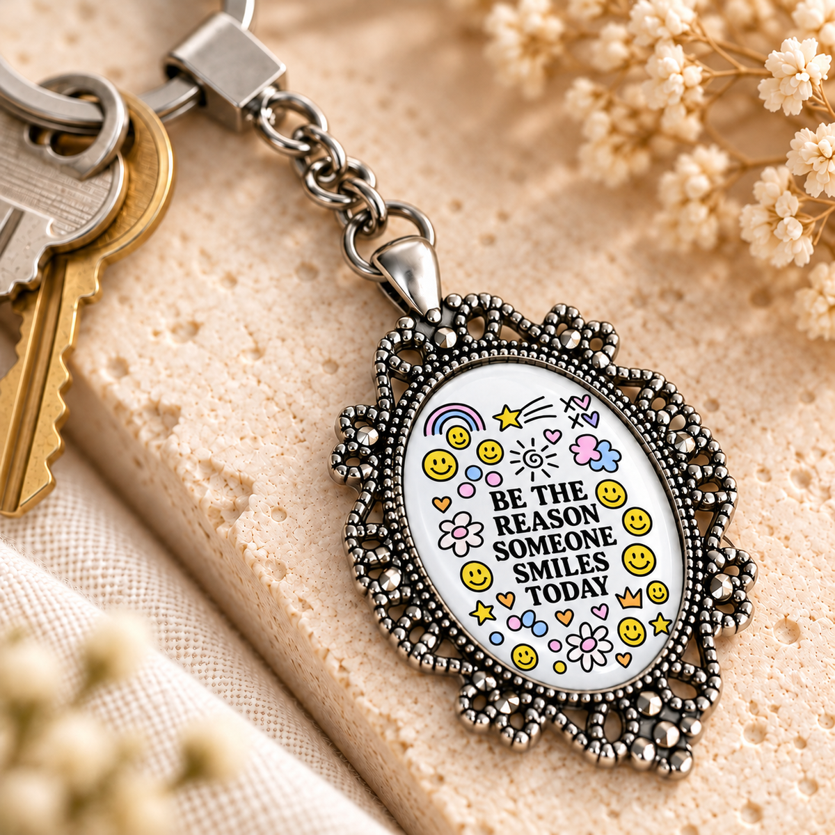 Motivational Doodle Glass Dome Keychain | Ornate Oval Metal Frame