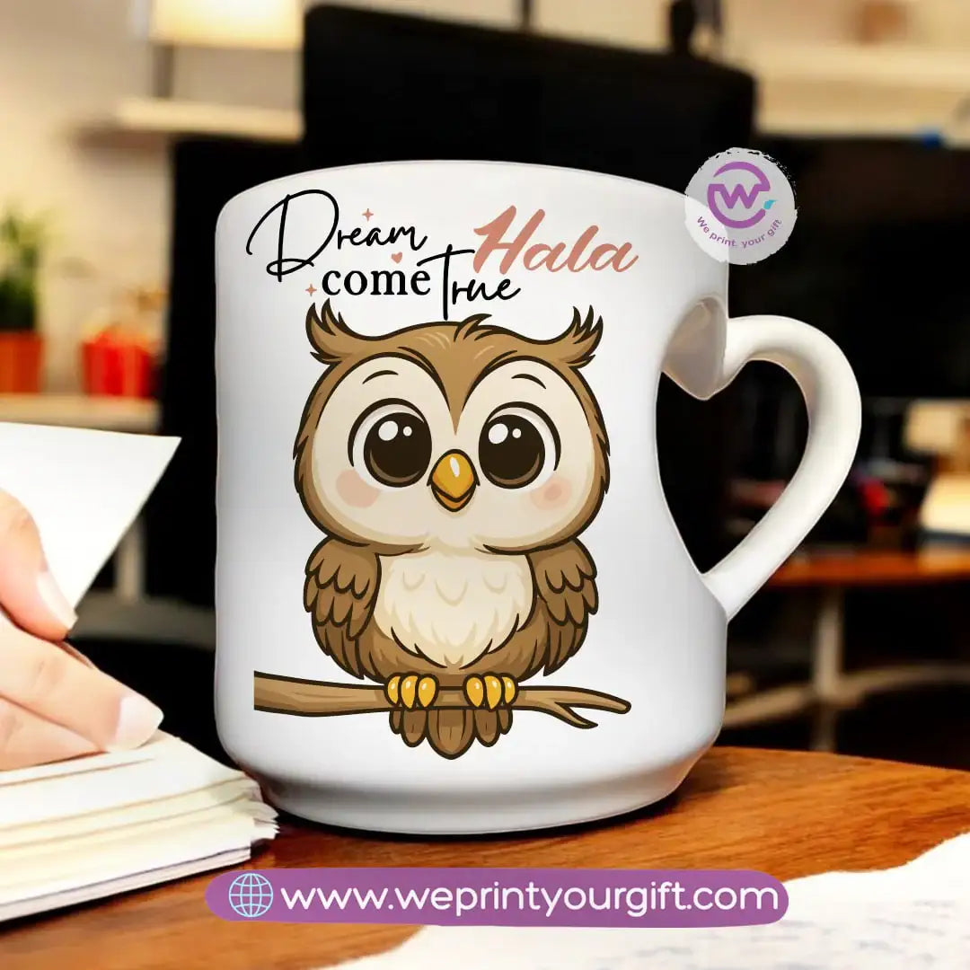 Personalized mug- Heart handle mug- Owl - WE PRINT
