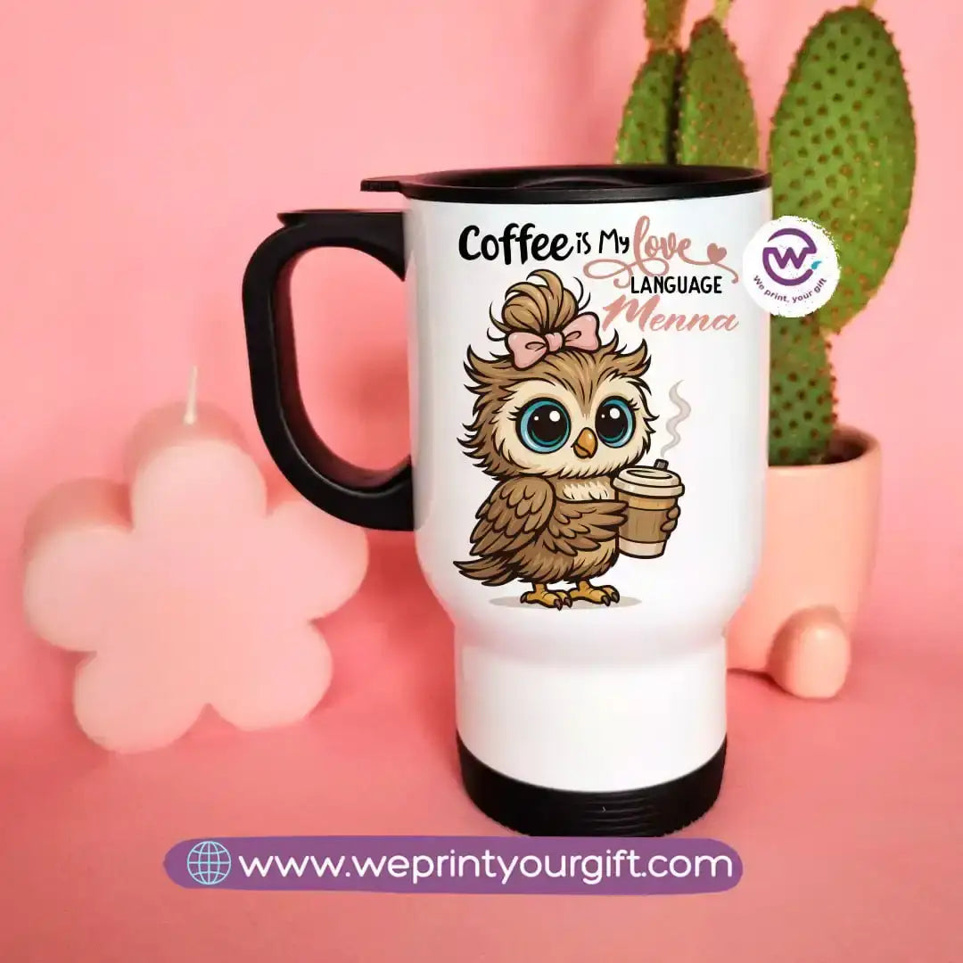 Travel mug with handle- Owl - WE PRINT