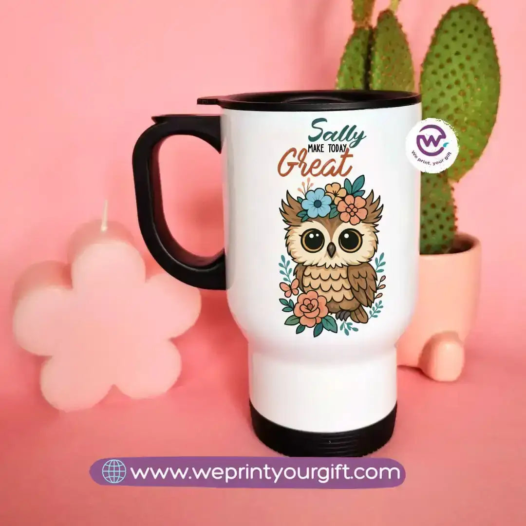 Travel mug with handle- Owl - WE PRINT