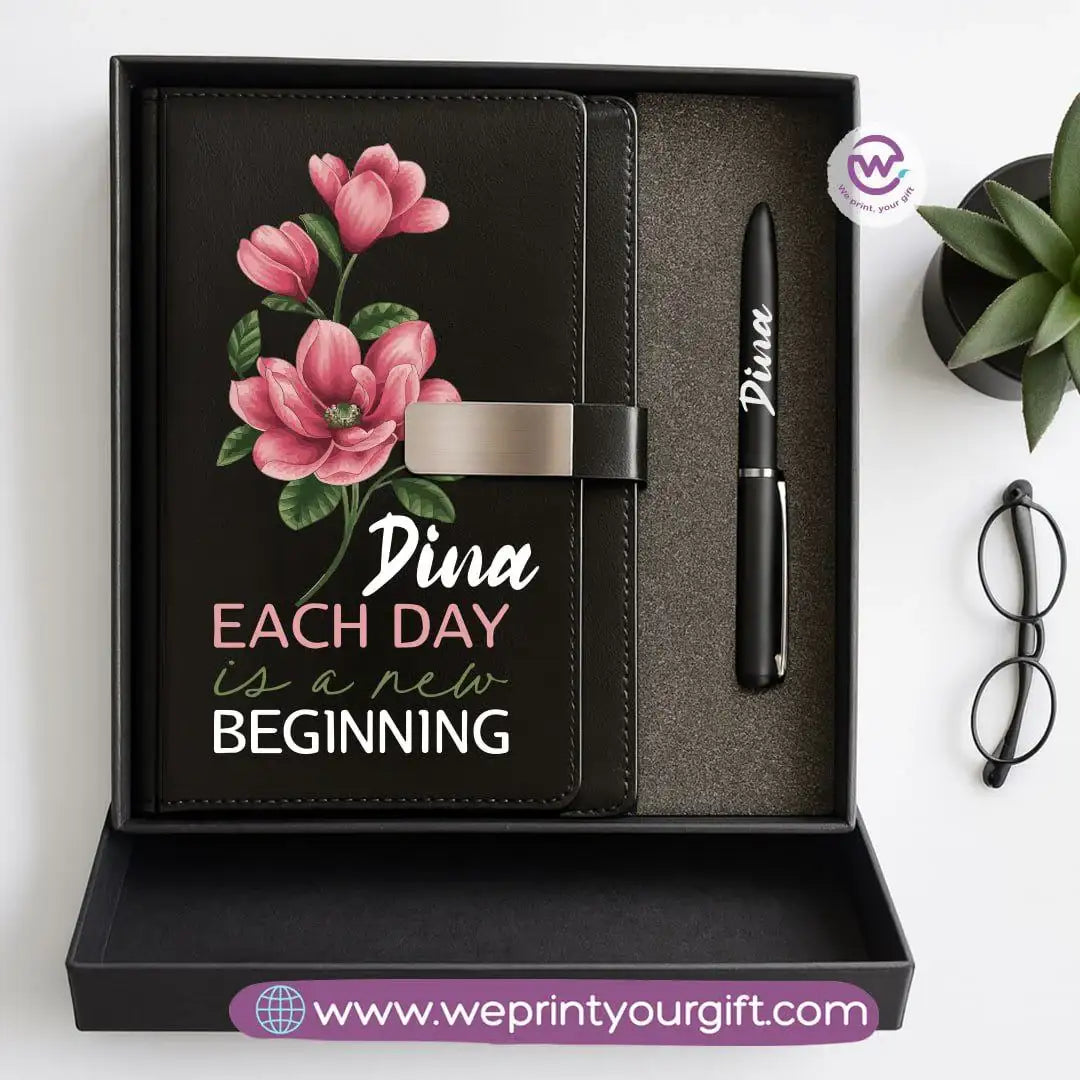 Personalized Leather Notebook & Engraved Pen Gift Box – Motivational Design with Name - WE PRINT