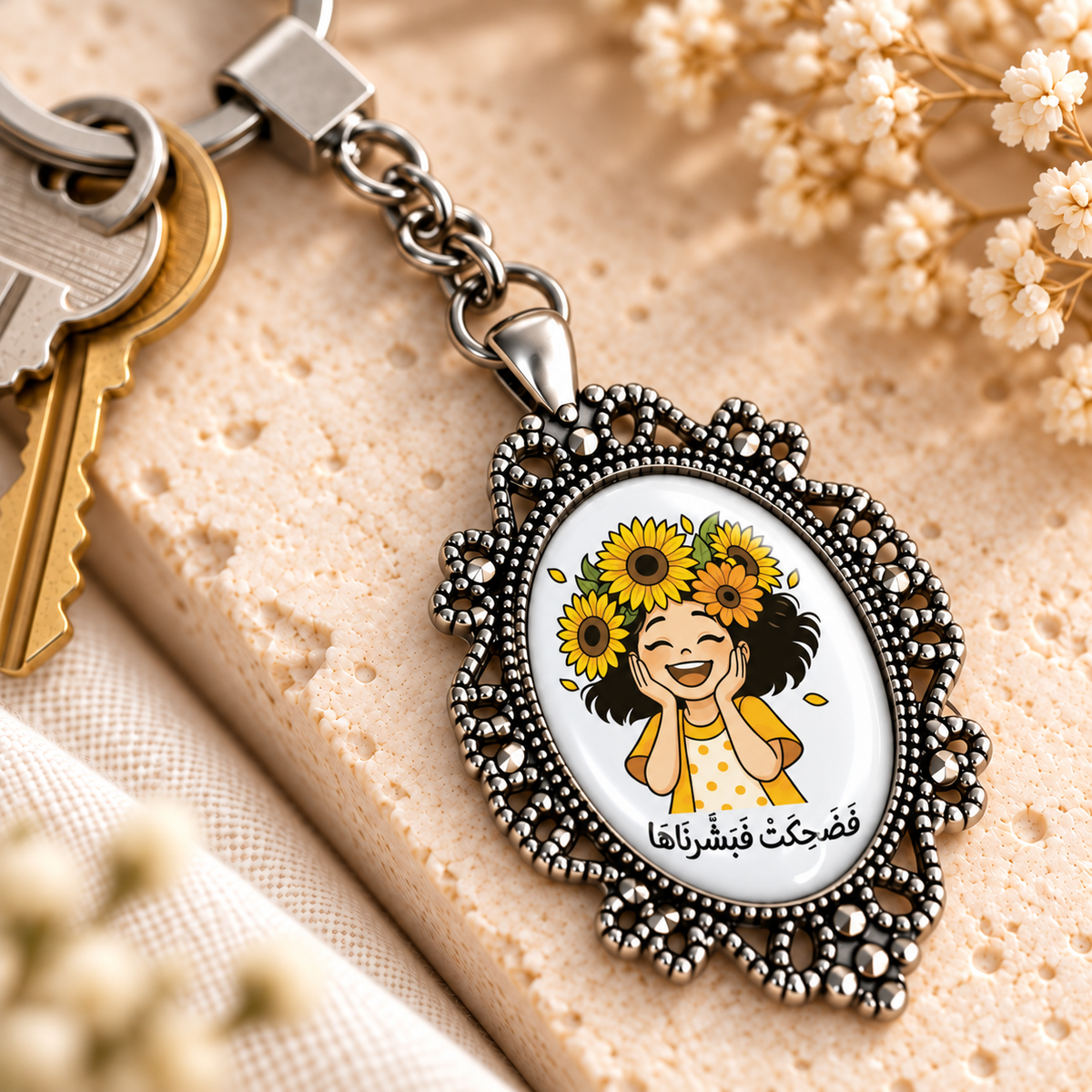 Motivational Sunflower Glass Dome Keychain | Ornate Oval Metal Frame
