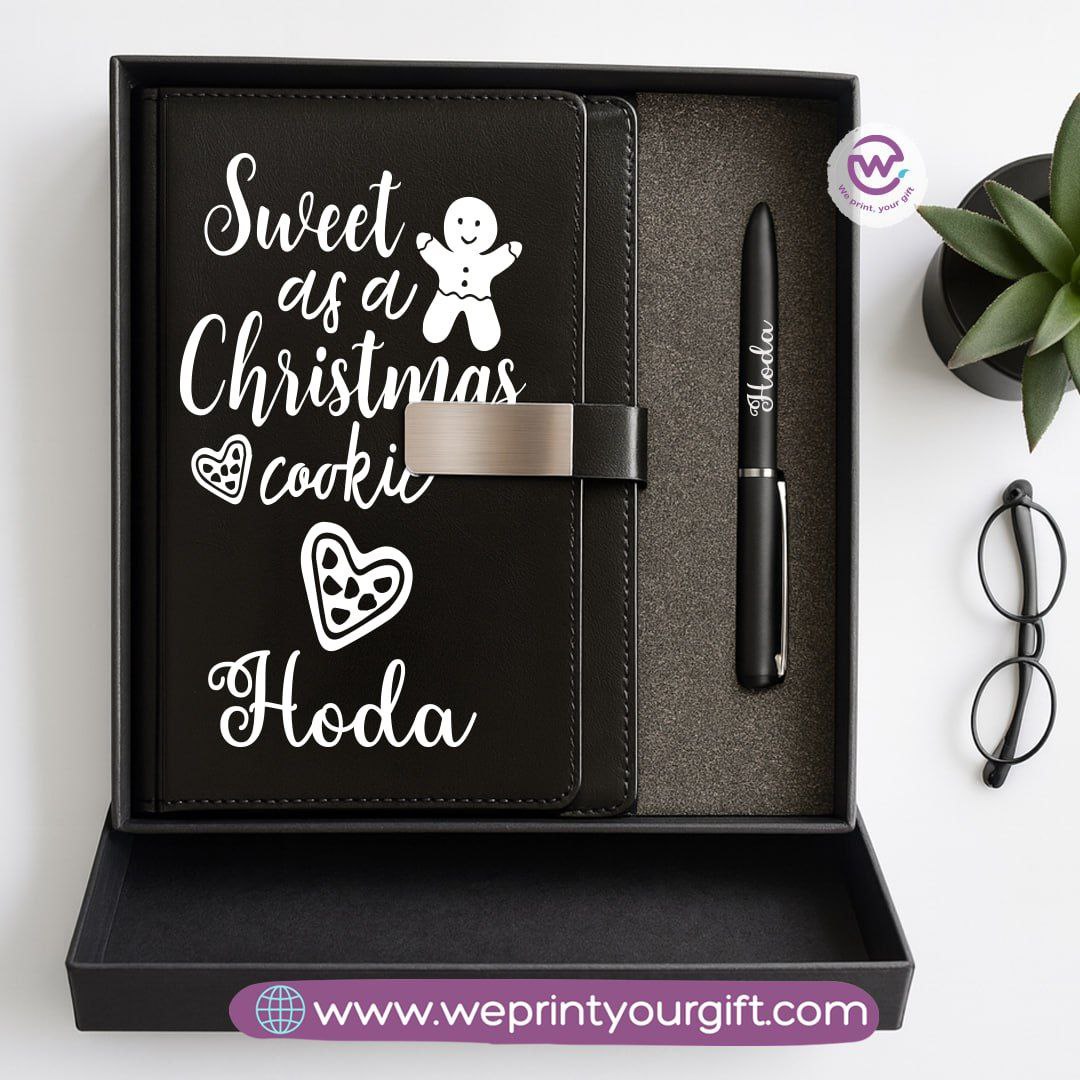 Festive Holiday Leather Gift Set โ Custom Name Notebook & Pen