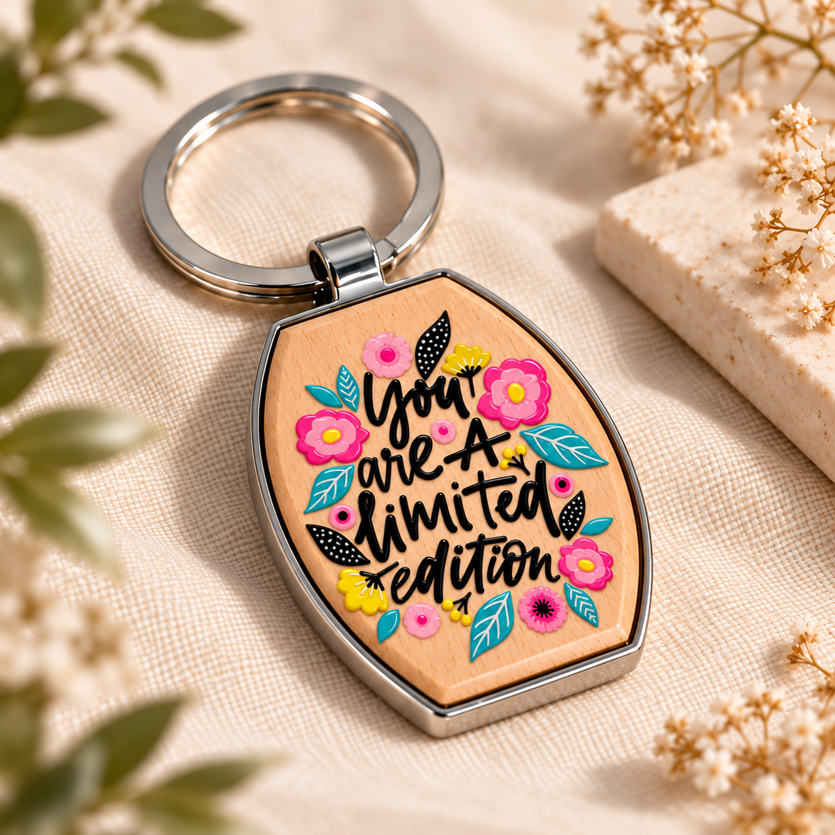 Motivational Wood & Metal Key Fob – Raised UV Printed Designs