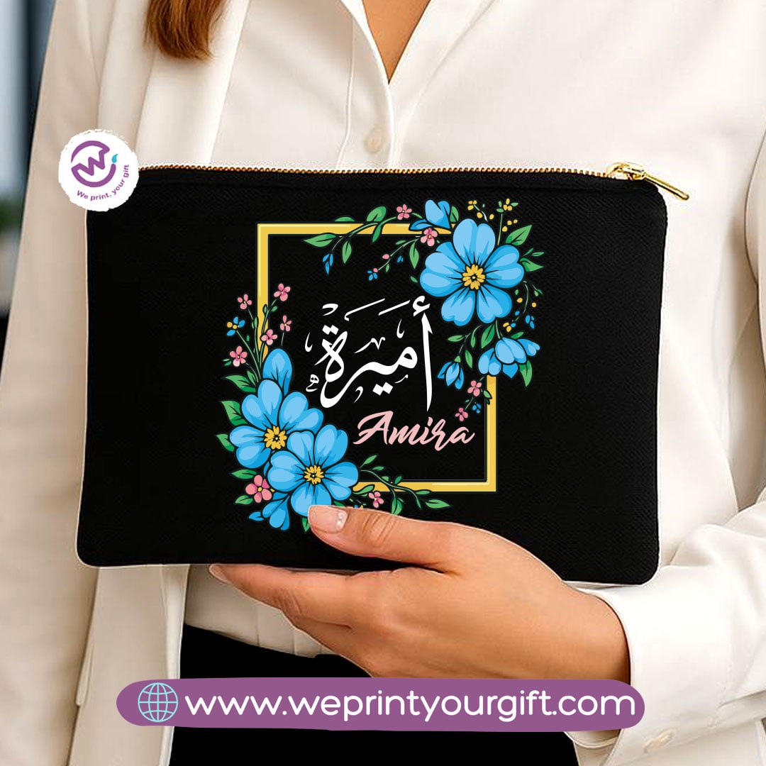 Personalized Floral Name Makeup Bag & Pencil Case – Elegant Cotton Pouch