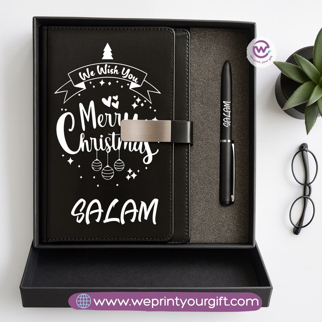 Festive Holiday Leather Gift Set โ Custom Name Notebook & Pen