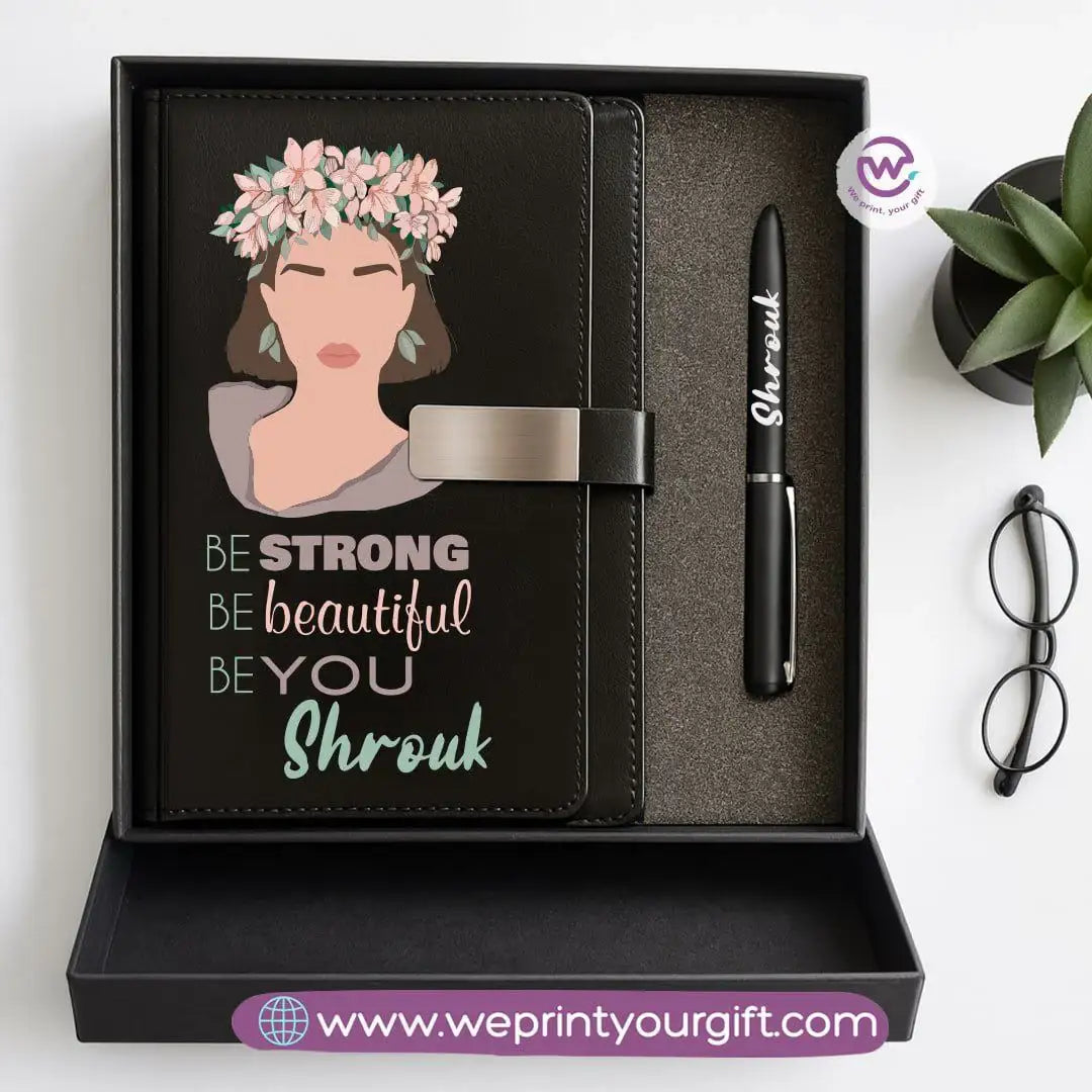 Personalized Leather Notebook & Engraved Pen Gift Box – Motivational Design with Name - WE PRINT