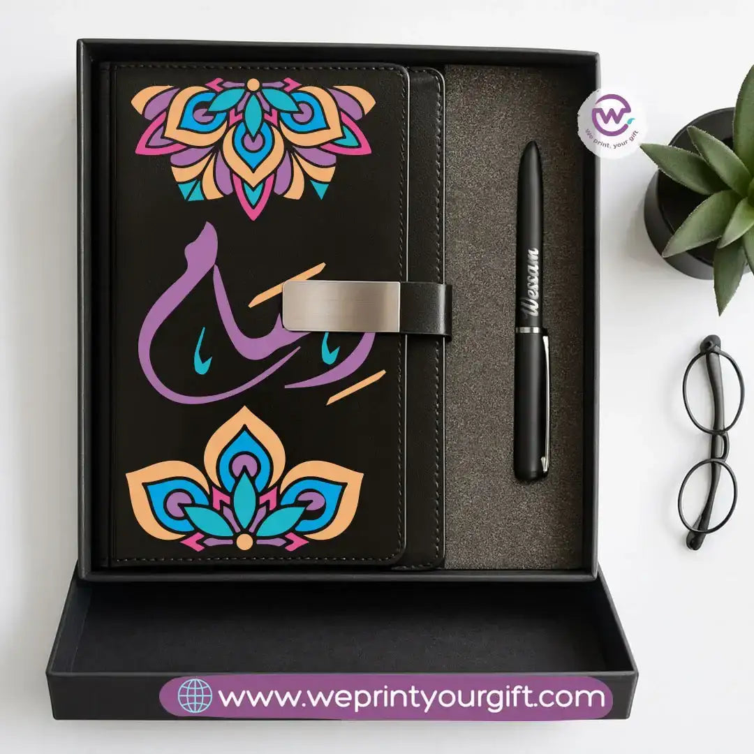 Mandala Personalized Gift Box – Custom Name Leather Notebook & Engraved Pen Set - WE PRINT