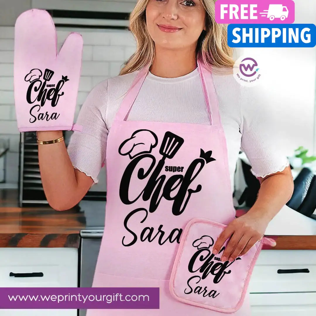 Personalized Kitchen Apron Set – Custom Name Cooking Gift | Chef & Cooking Designs - 3 Pieces - WE PRINT