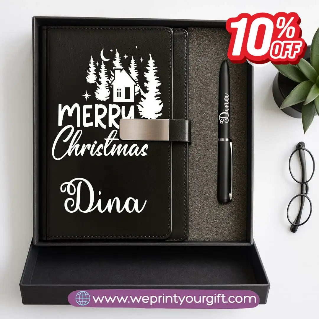 Festive Holiday Leather Gift Set – Custom Name Notebook & Pen - WE PRINT