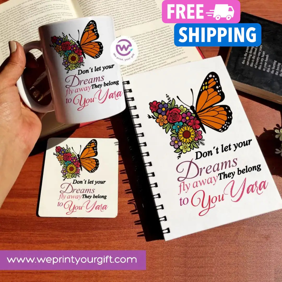 3-Piece Motivational Gift Set | Mug, Wooden Coaster & Hard Cover Notebook - WE PRINT