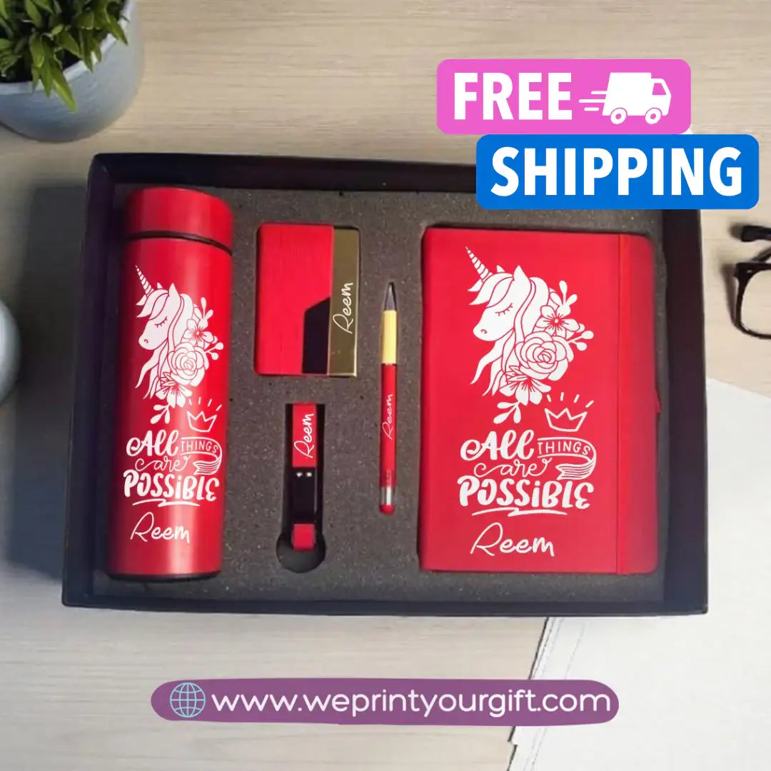 Unicorn Personalized 5-Piece Gift Box – Custom Name Luxury Set with Digital Thermos & Notebook - WE PRINT