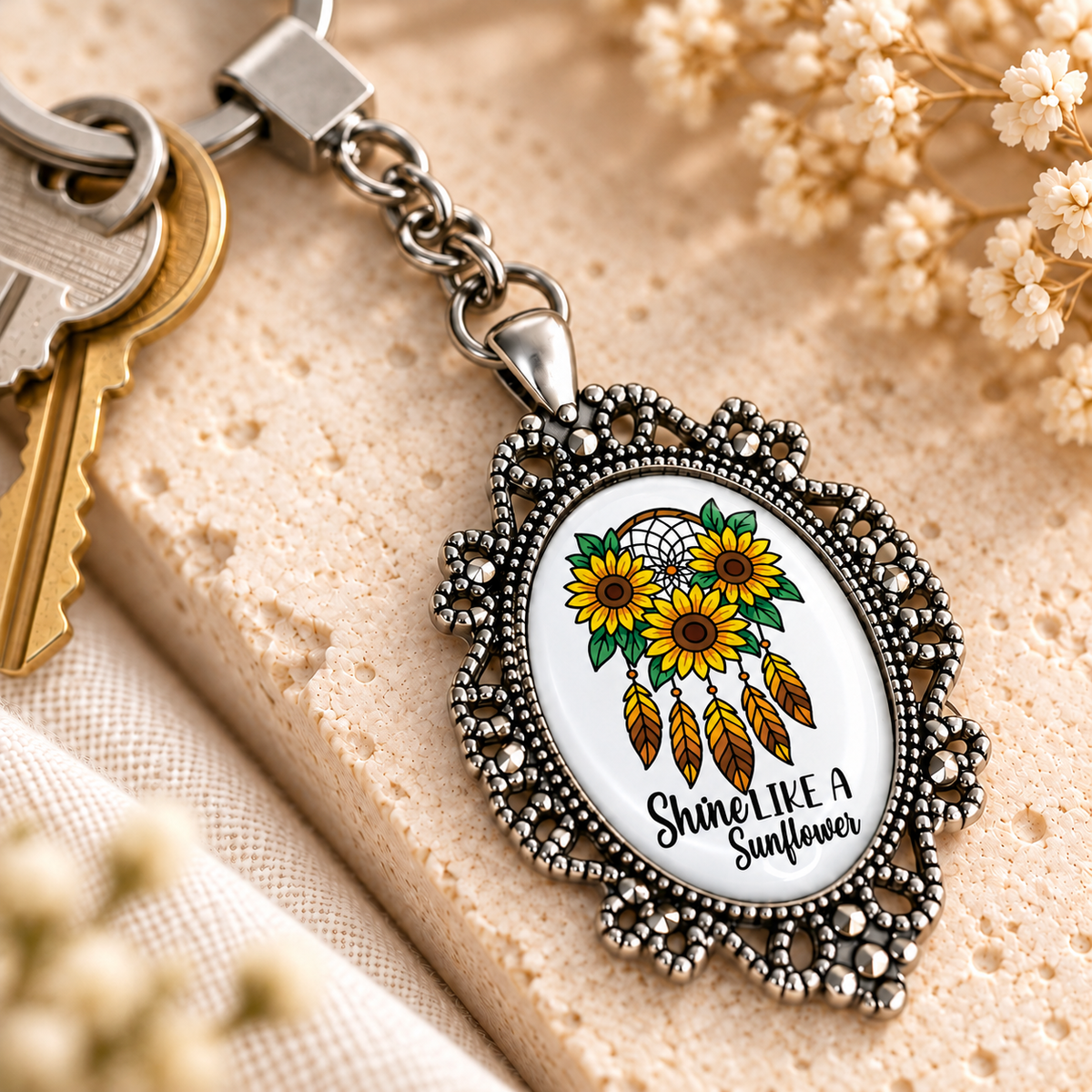 Sunflower Glass Dome Keychain | Ornate Oval Metal Frame