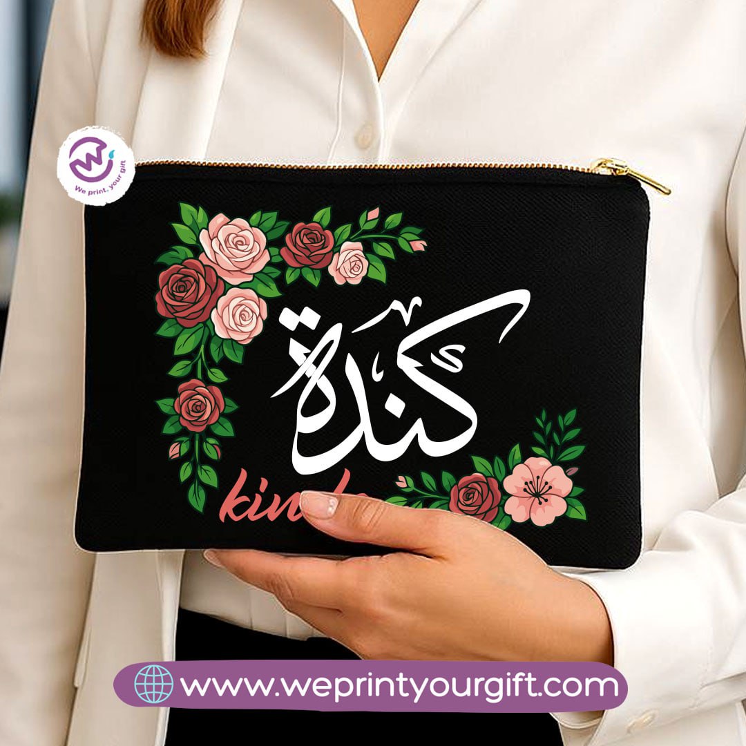 Personalized Floral Name Makeup Bag & Pencil Case – Elegant Cotton Pouch