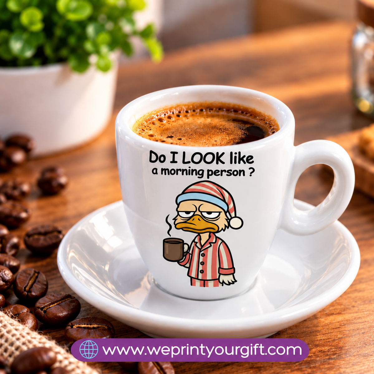 Funny Coffee Lovers Espresso Cups with Saucers – Humorous Coffee Quotes & Designs