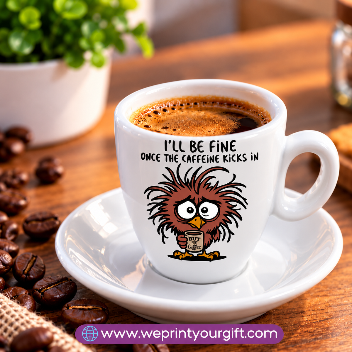 Funny Coffee Lovers Espresso Cups with Saucers – Humorous Coffee Quotes & Designs