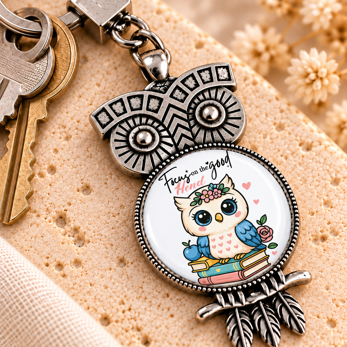 Vintage Glass Dome Metal Keychain | Ornate Owl Shape