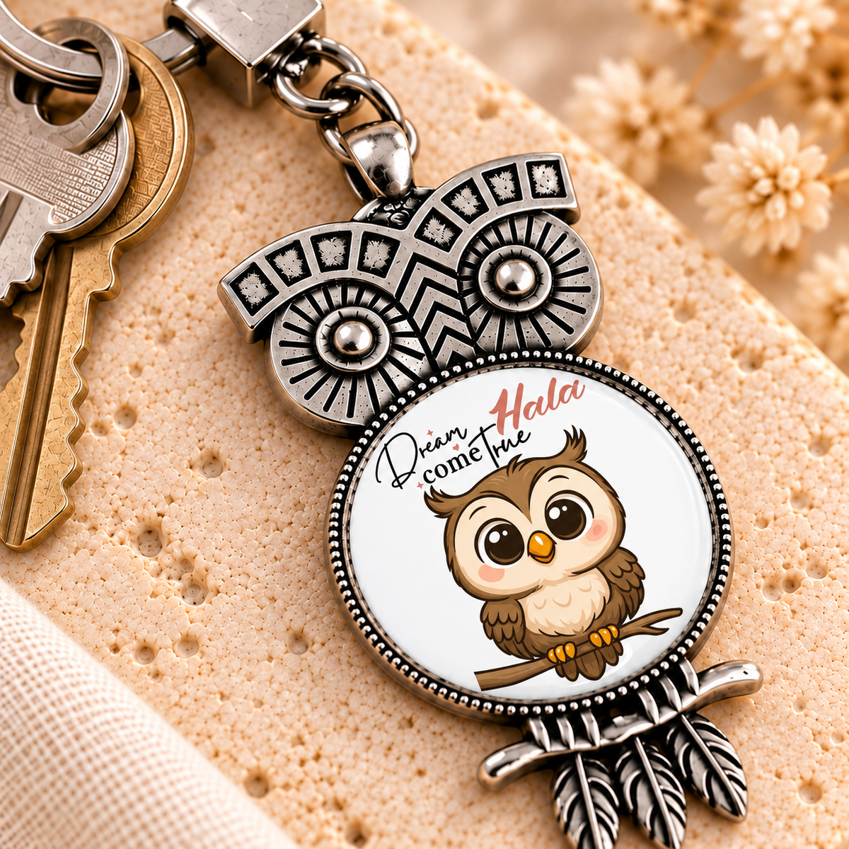 Vintage Glass Dome Metal Keychain | Ornate Owl Shape