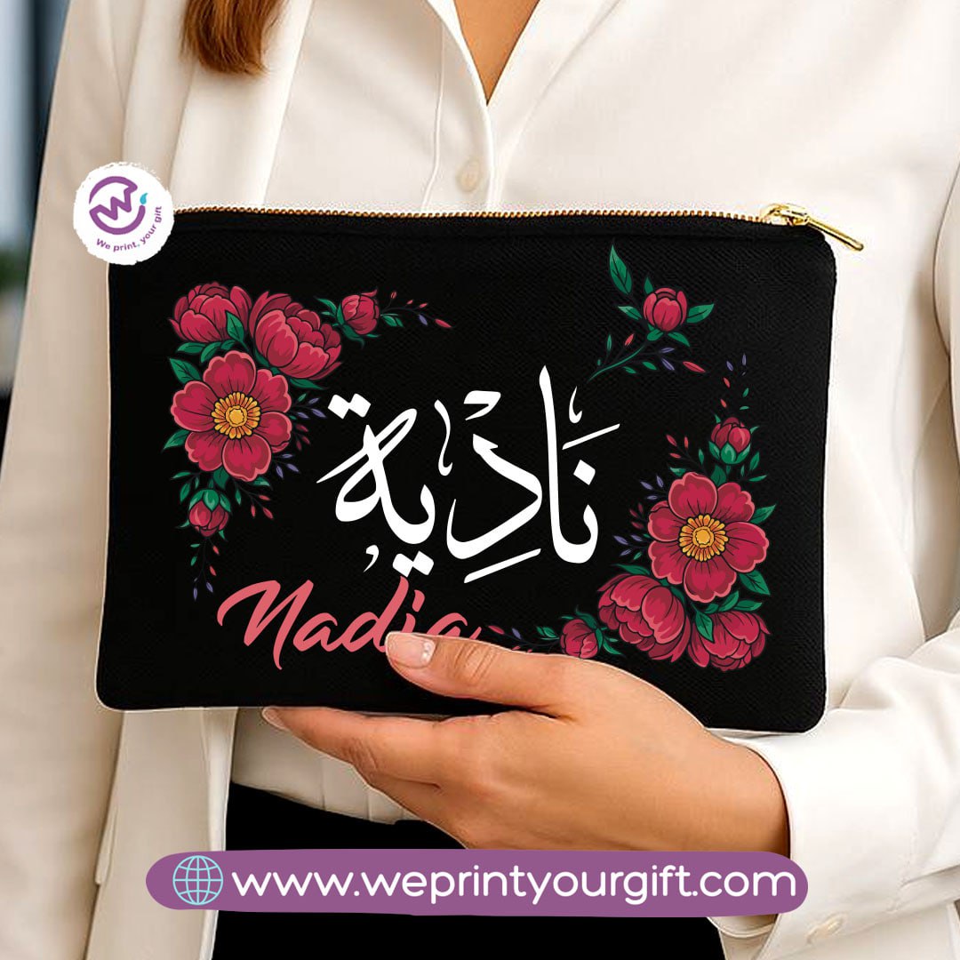 Personalized Floral Name Makeup Bag & Pencil Case – Elegant Cotton Pouch - WE PRINT