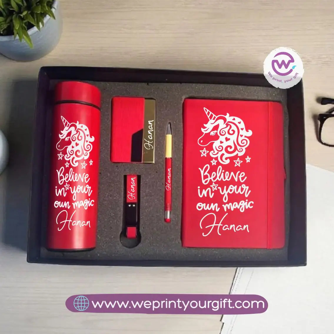 Unicorn Personalized 5-Piece Gift Box – Custom Name Luxury Set with Digital Thermos & Notebook - WE PRINT