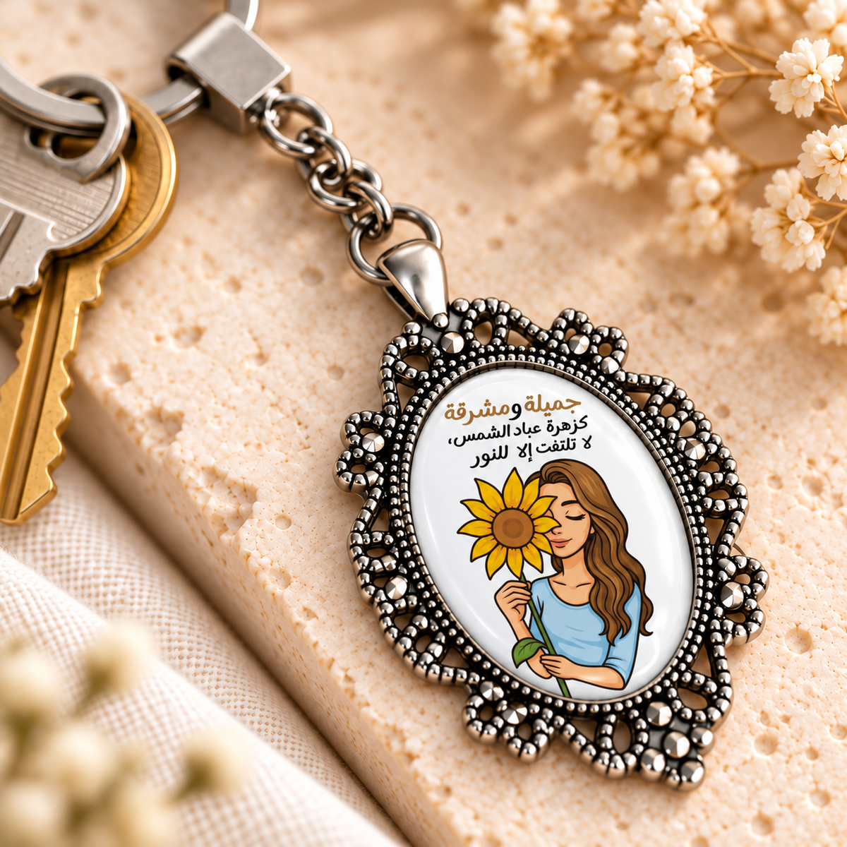 Motivational Sunflower Glass Dome Keychain | Ornate Oval Metal Frame