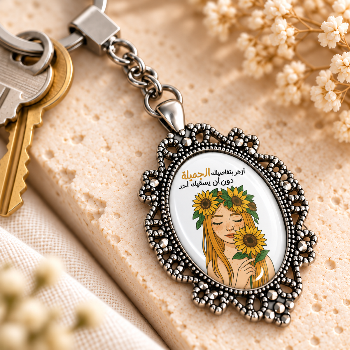 Motivational Sunflower Glass Dome Keychain | Ornate Oval Metal Frame