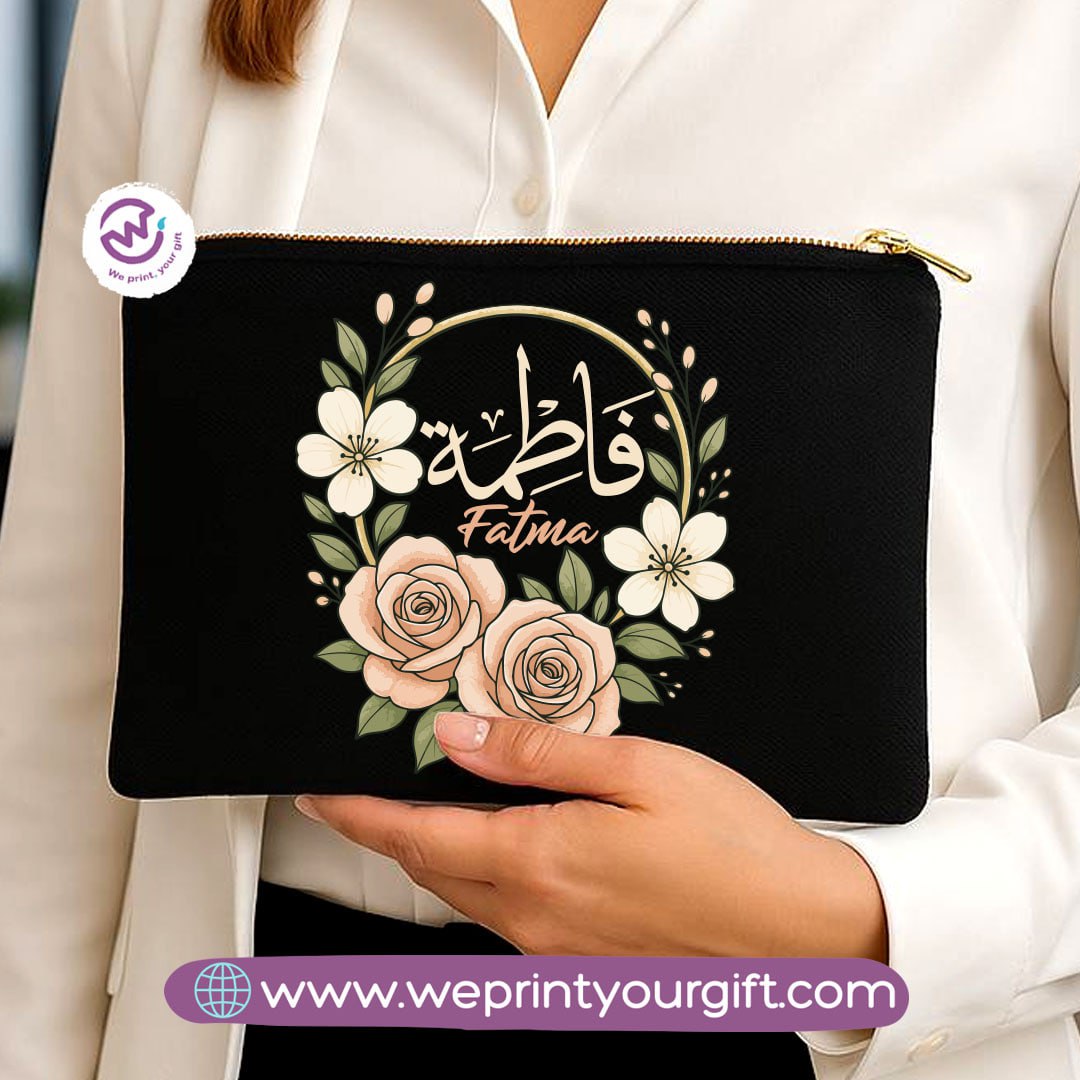 Personalized Floral Name Makeup Bag & Pencil Case – Elegant Cotton Pouch