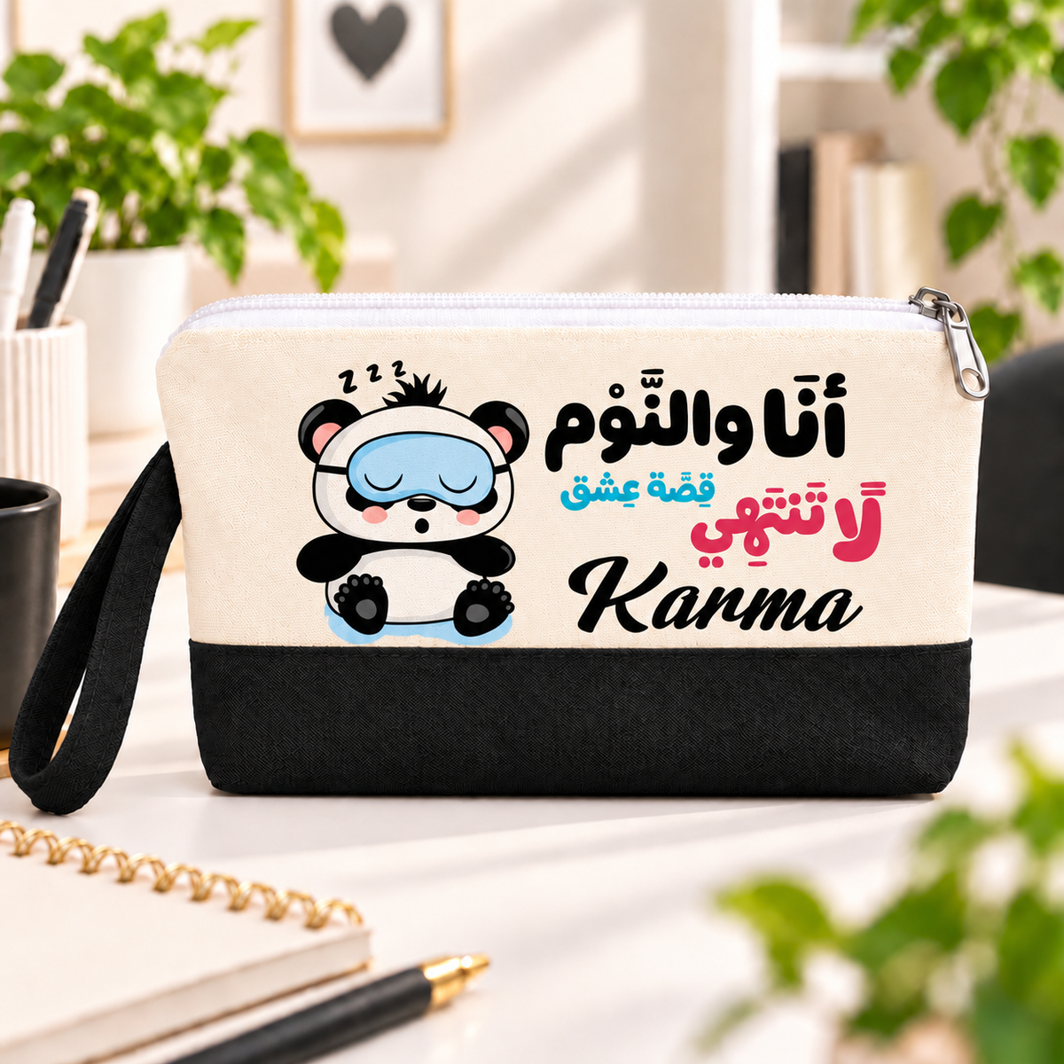 Cute Panda Two-Tone Canvas Pencil Case & Makeup Pouch | With Side Handle