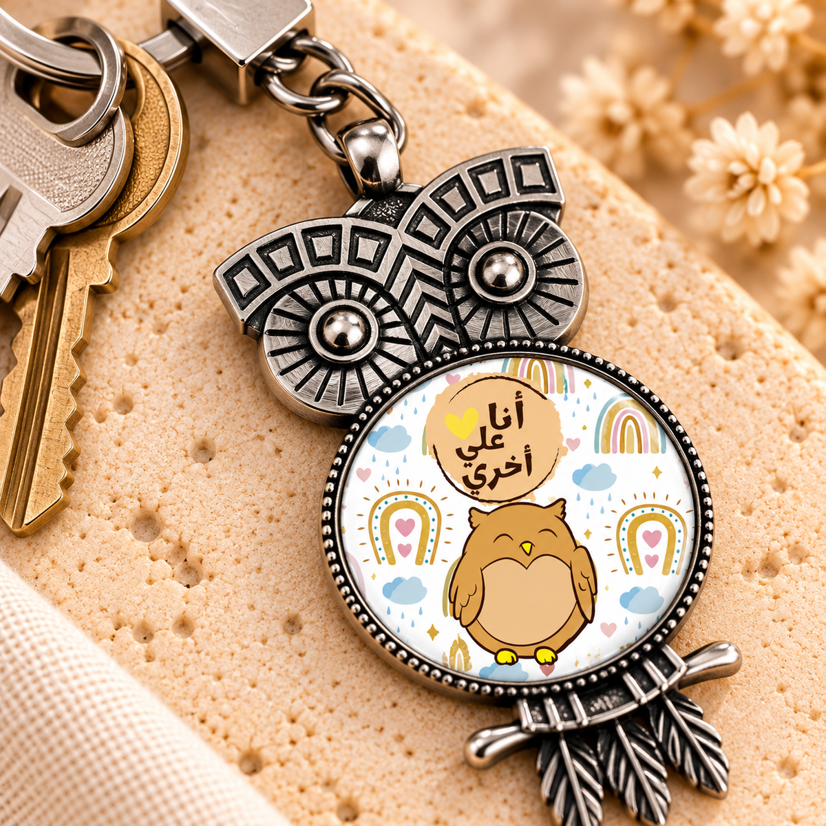 Cute Owl Glass Dome Metal Keychain | Ornate Frame