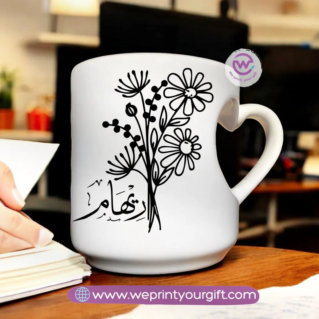 Custom mug- Heart handle mug- Names - WE PRINT