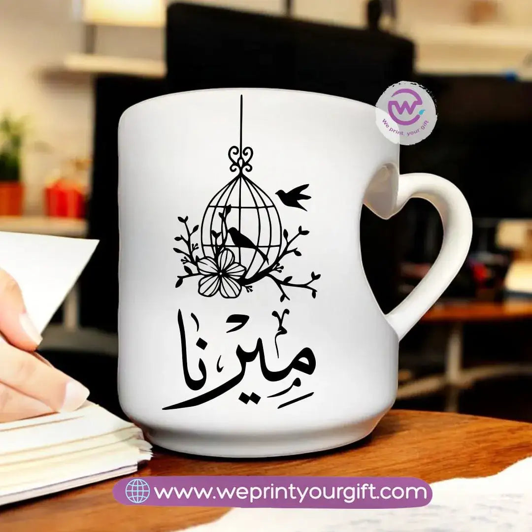 Custom mug- Heart handle mug- Names - WE PRINT