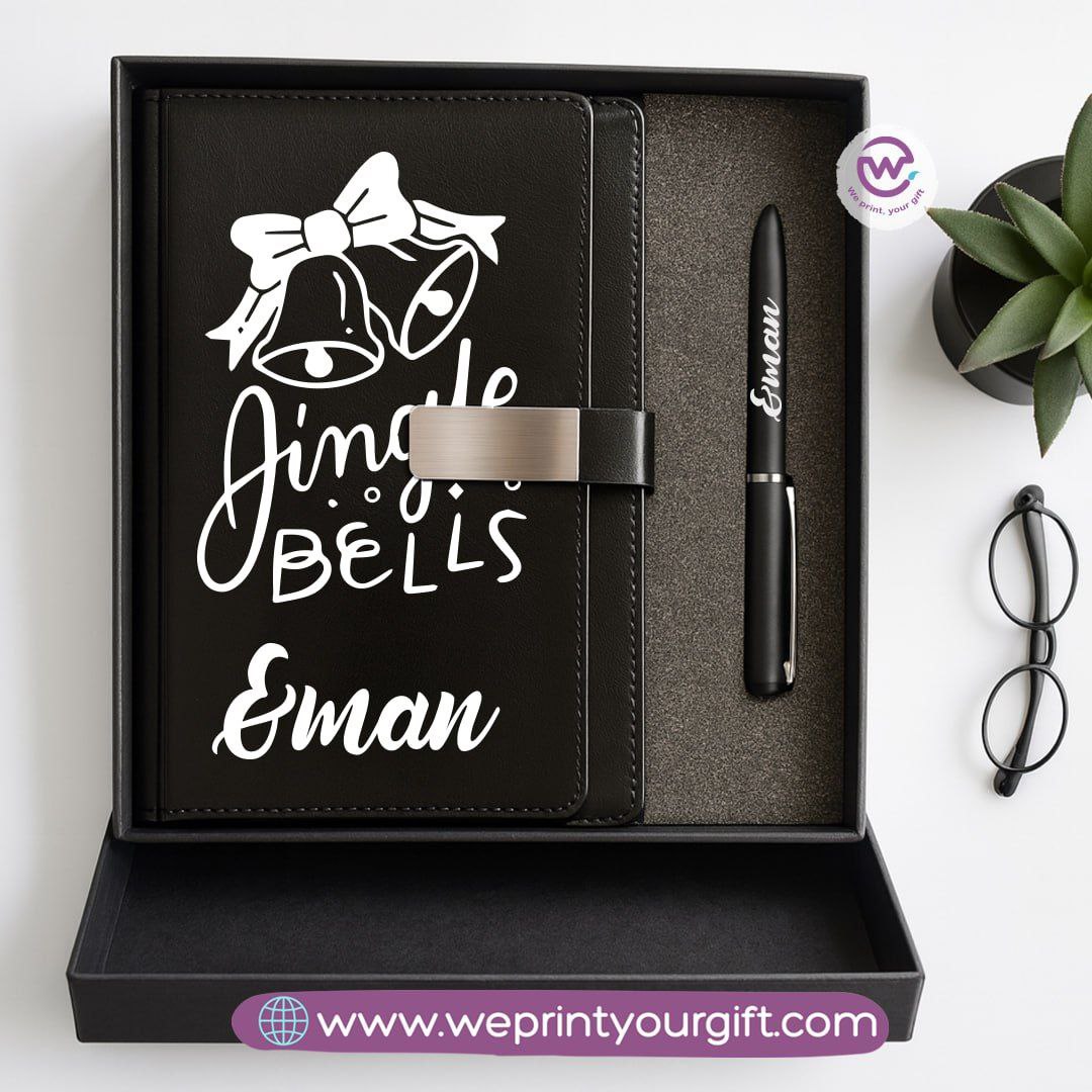 Festive Holiday Leather Gift Set โ Custom Name Notebook & Pen