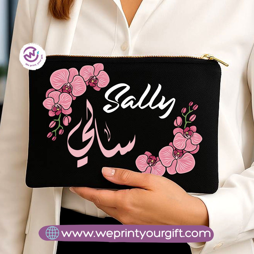 Personalized Floral Name Makeup Bag & Pencil Case – Elegant Cotton Pouch