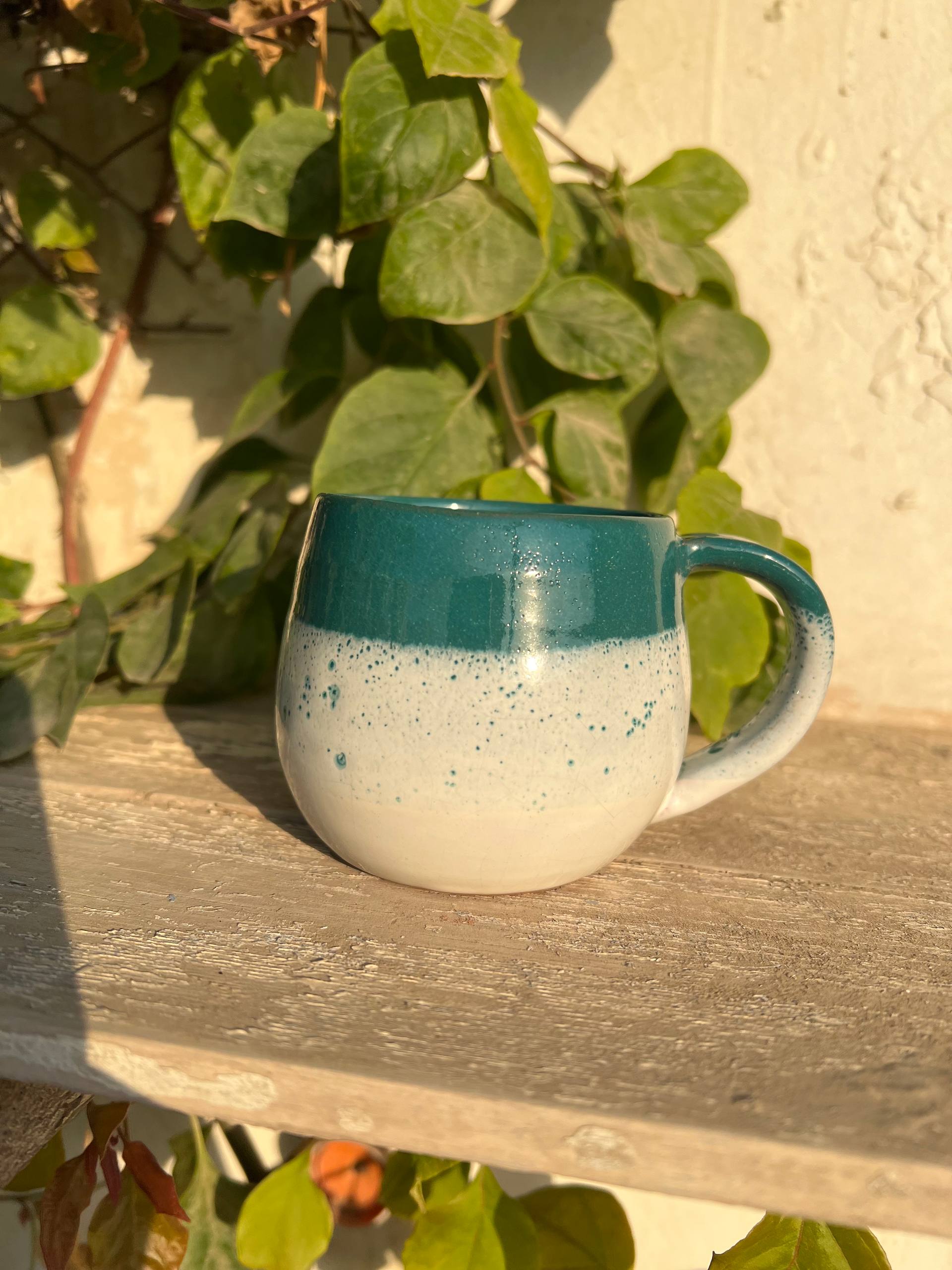 Green & White Handmade Pottery Mug - Customization Options
