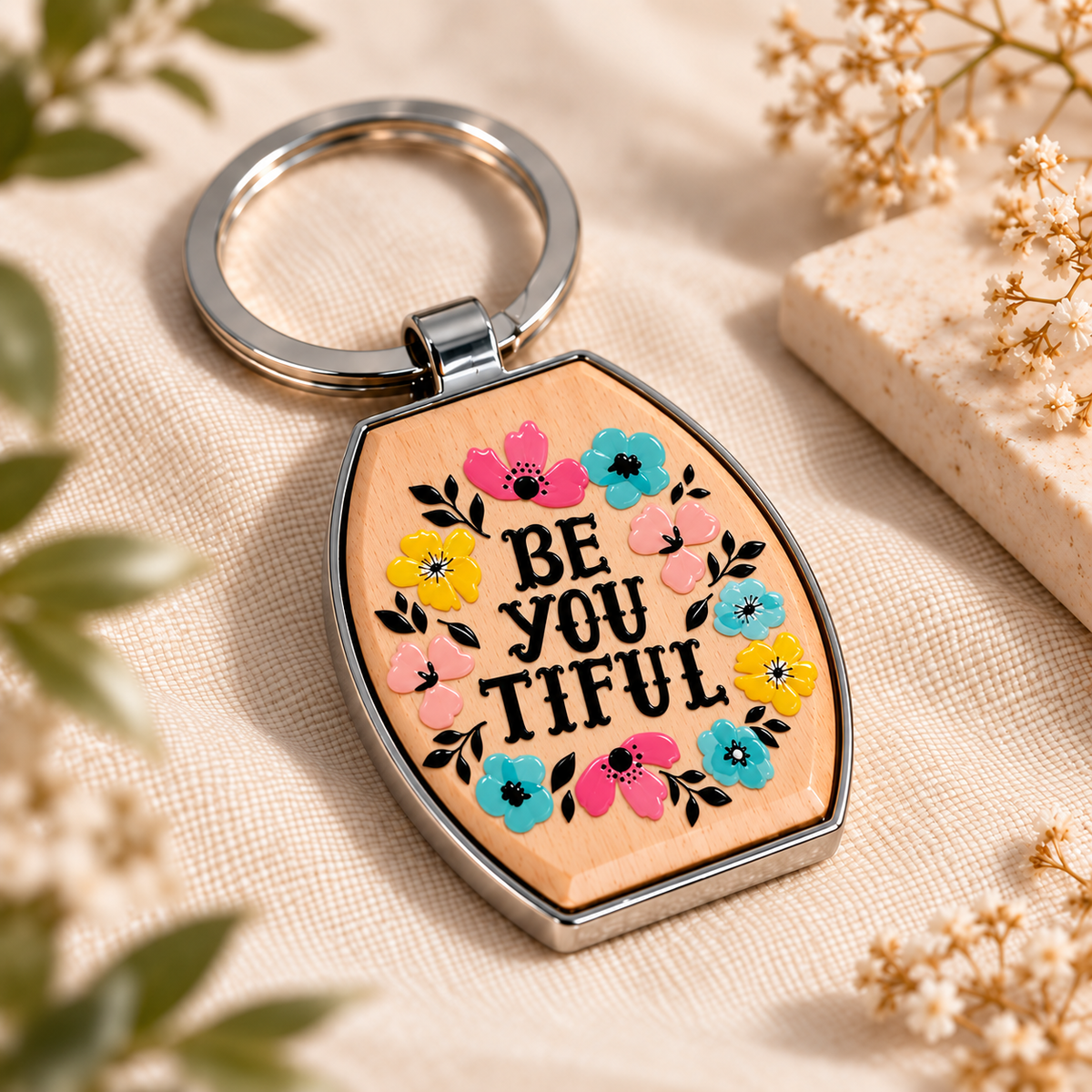 Motivational Wood & Metal Key Fob – Raised UV Printed Designs